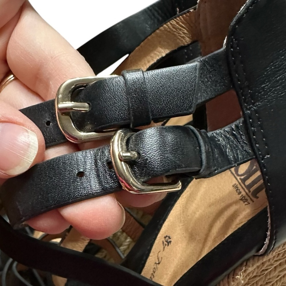 Sofft Black Espadrille Leather Wedge Strappy Sandals Size 8.5 Comfort Coastal - Picture 6 of 10